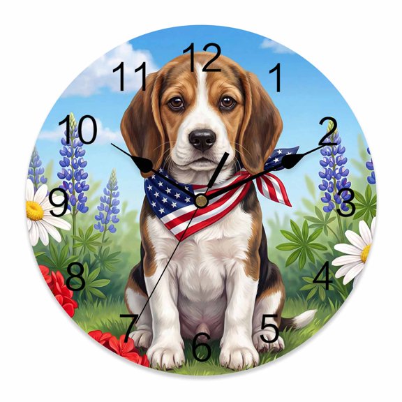 4th of July Wall Clock Patriotic Beagle Clocks PVC Silent Non-Ticking Battery Operated American Flag Sky Flower Round Clock for Home Living Room Kitchen Bedroom Office School Wall Decor 10 Inch