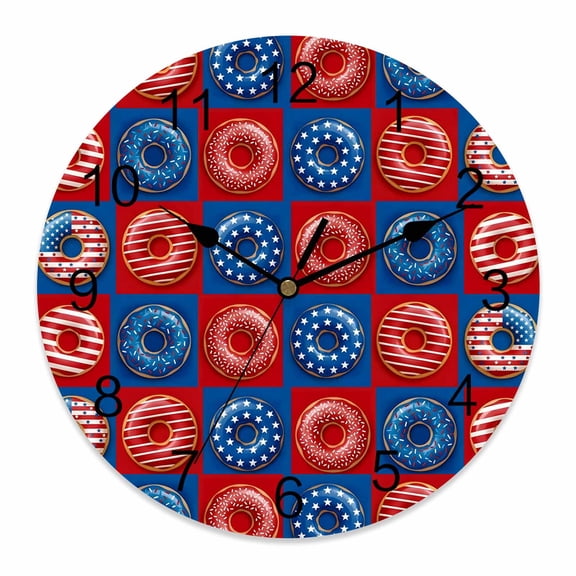 4th of July Wall Clock Patriotic Star Donuts Clocks PVC Silent Non-Ticking Battery Operated Red White Blue Plaid Round Clock for Home Living Room Kitchen Bedroom Office School Wall Decor 10 Inch