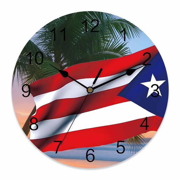 4th of July Wall Clock Puerto Rico Flag Clocks PVC Silent Non-Ticking Battery Operated Beach Coco Palm Tree Round Clock for Home Living Room Kitchen Bedroom Office School Wall Decor 10 Inch