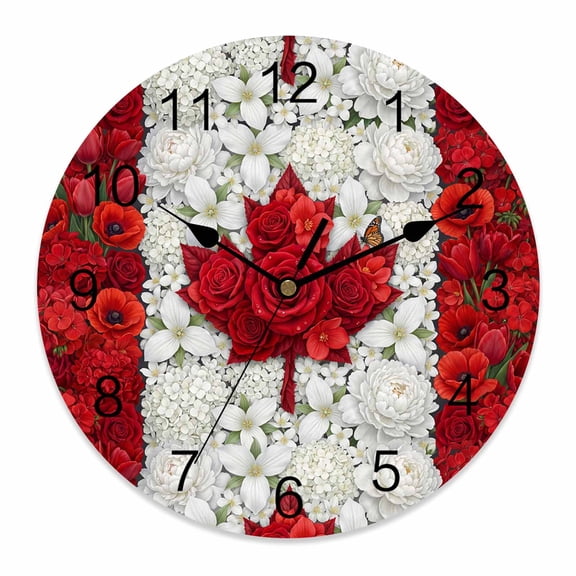 4th of July Wall Clock Red Maple Clocks PVC Silent Non-Ticking Battery Operated Romantic Canadian Flag Red White Flowers Round Clock for Home Living Room Bedroom Office School Wall Decor 10 Inch