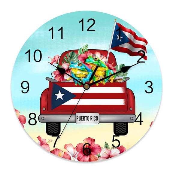 4th of July Wall Clock Red Truck National Flag Clocks PVC Silent Non-Ticking Battery Operated Puerto Rico Frog Hibiscus Beach Round Clock for Home Living Room Bedroom Office Wall Decor 10 Inch