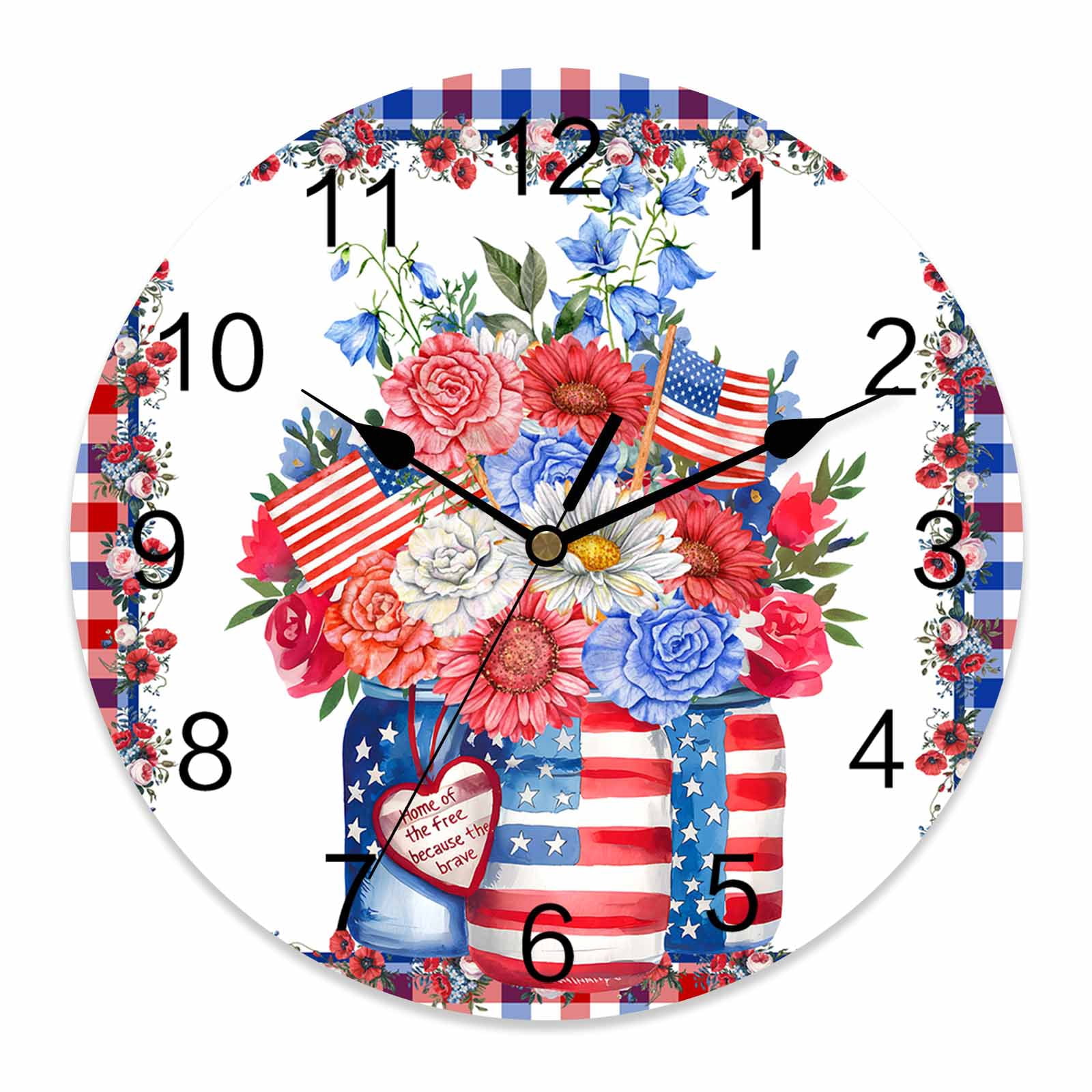 4th of July Wall Clock Red White and Blue Floral Vase Clocks PVC Silent ...