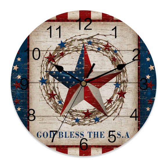 4th of July Wall Clock Rustic American Barn Star Stripes Clocks PVC Silent Non-Ticking Battery Operated Wood Grain Round Clock for Home Living Room Kitchen Bedroom Office School Wall Decor 10 Inch