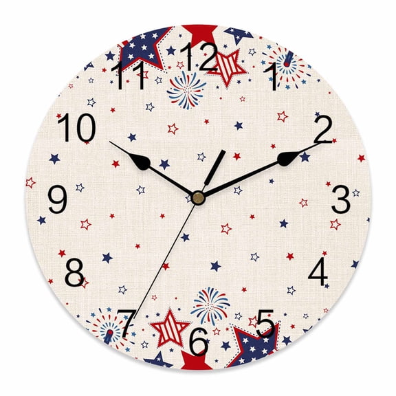 4th of July Wall Clock Star American Flag Memorial Clocks PVC Silent Non-Ticking Battery Operated Patriotic Liberty Fireworks Round Clock for Home Living Room Bedroom Office Wall Decor 10 Inch