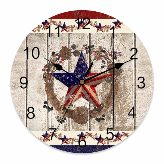 4th of July Wall Clock Texas Stars Wreath Clocks PVC Silent Non-Ticking Battery Operated Patriotic Star on Rustic Wood Round Clock for Home Living Room Bedroom Office School Wall Decor 10 Inch