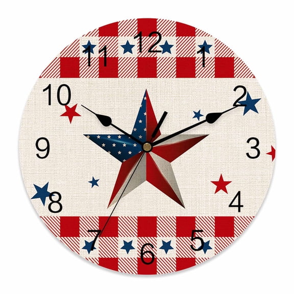 4th of July Wall Clock US Flag Clocks PVC Silent Non-Ticking Battery Operated Stars Patriotic Buffalo Check Round Clock for Home Living Room Kitchen Bedroom Office School Wall Decor 10 Inch