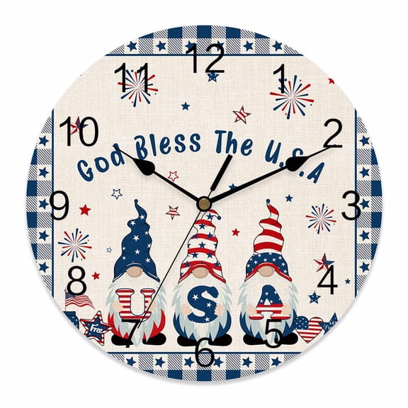 4th of July Wall Clock US Flag Stars Stripes Clocks PVC Silent Non-Ticking Battery Operated Gnome Buffalo Check Round Clock for Home Living Room Kitchen Bedroom Office School Wall Decor 10 Inch