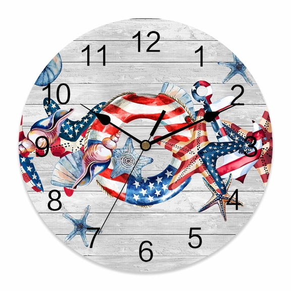 4th of July Wall Clock USA Starfish Clocks PVC Silent Non-Ticking Battery Operated Decorative Shell Conch Wood Grain Round Clock for Home Living Room Kitchen Bedroom Office School Wall Decor 10 Inch