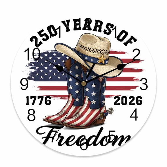 4th of July Wall Clock Western Boots Hats Clocks PVC Silent Non-Ticking Battery Operated 250 Years of Freedom USA Round Clock for Home Living Room Kitchen Bedroom Office School Wall Decor 10 Inch