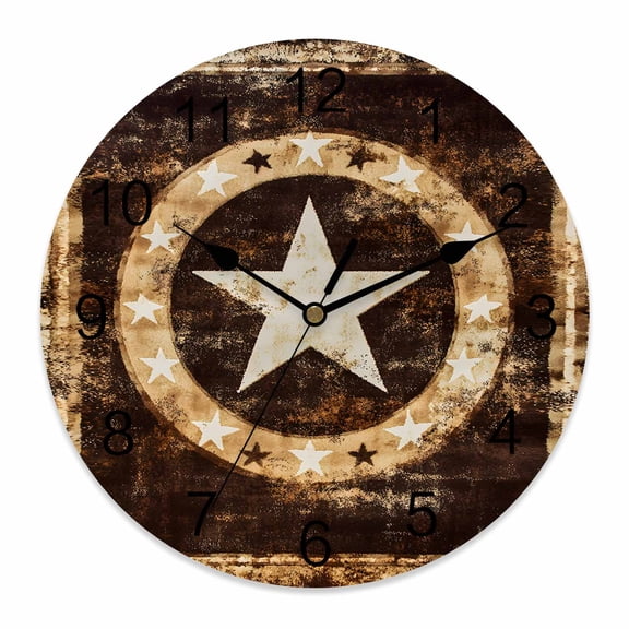 4th of July Wall Clock Western Star Wreath Clocks PVC Silent Non-Ticking Battery Operated Decorative Vintage Rustic Round Clock for Home Living Room Kitchen Bedroom Office School Wall Decor 10 Inch