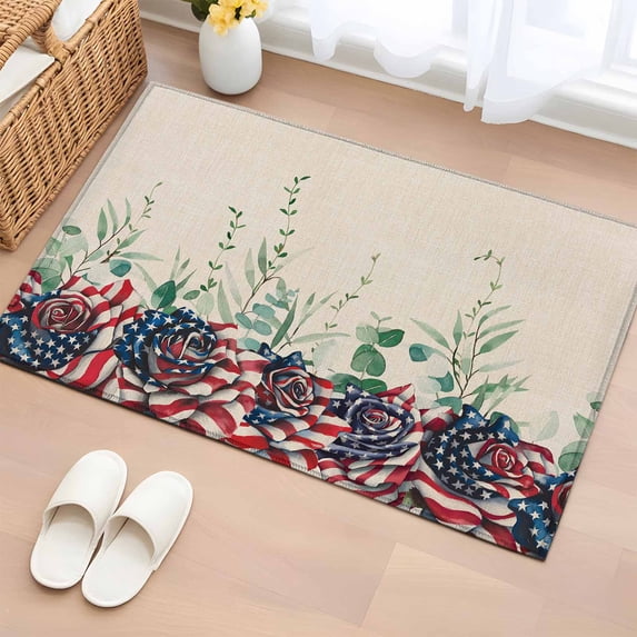 4th of July Washable Area Rug 2 x 3 ft USA Flag Rose, Soft Non Slip Rugs Stain Repellent Indoor Felt Carpet for Living Dining Room Bedroom Home Office