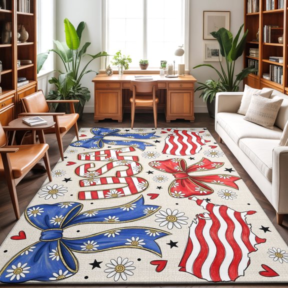 4th of July Washable Area Rug 5 x 7 ft USA Ribbon Bow America Map Daisy Vintage Soft Non Slip Rugs Stain Repellent Indoor Felt Carpet for Living Dining Room Bedroom Home Office