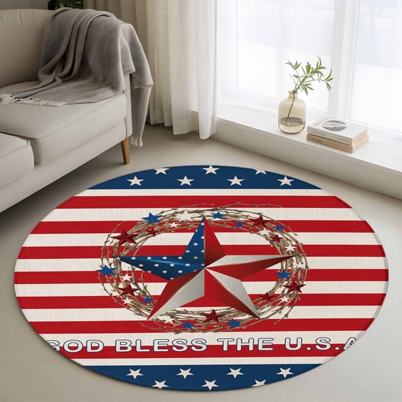 4th of July Washable Round Area Rug 4 ft, USA Flag Star Red Stripes, Soft Non Slip Rugs Stain Repellent Indoor Felt Carpet for Living Dining Room Bedroom Home Office