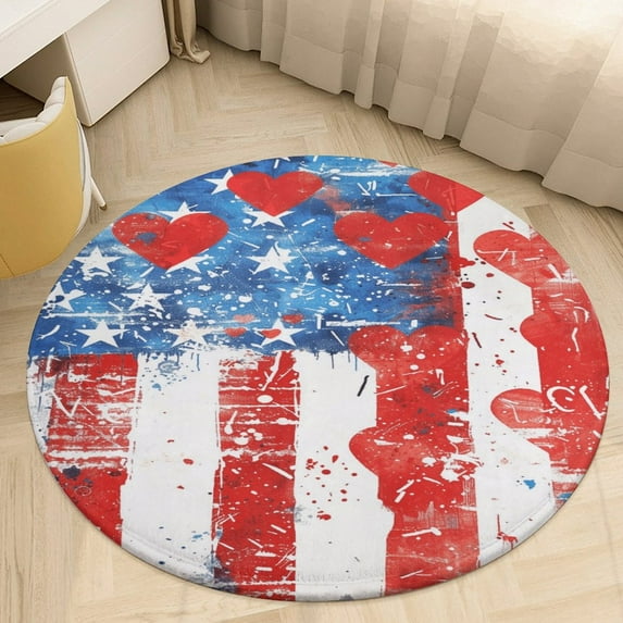 4th of July Washable Round Rug -Circle Area Rugs for Nursery Bedroom, Vintage Non Slip Non Shedding Low Pile Carpet for Living Room Coffee Table Entryway