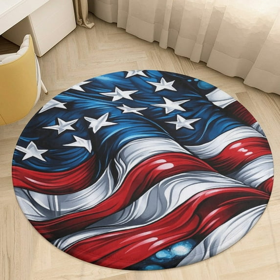 4th of July Washable Round Rug -Circle Area Rugs for Nursery Bedroom, Vintage Non Slip Non Shedding Low Pile Carpet for Living Room Coffee Table Entryway