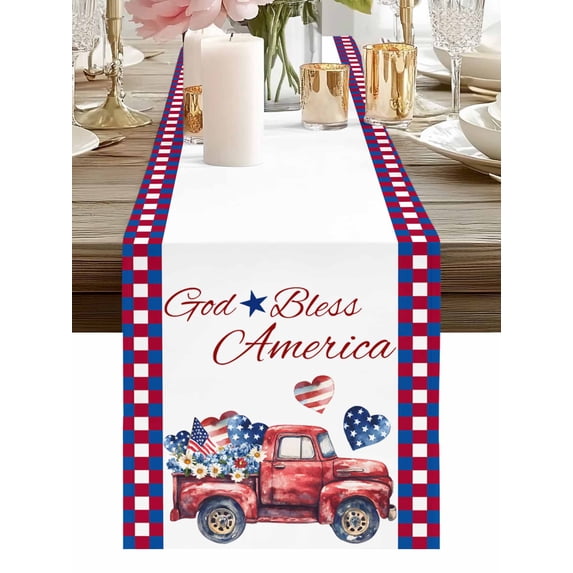 4th of July Watercolor Truck Heart Flower Table Runner-36 Inch Long American Red Blue Flag Table Runners Linen Burlap Tablerunner for Kitchen Dining Room Holiday Party