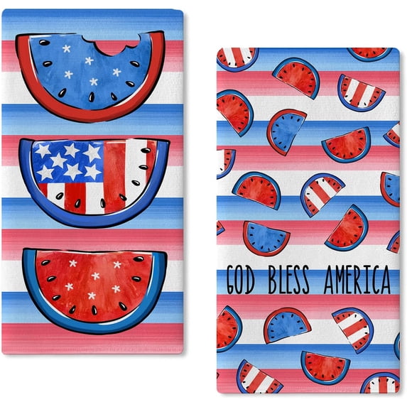 4th of July Watermelon Patriotic Kitchen Dish Towels Set of 2, God Bless America Stripes Hand Towels Drying Baking Cooking Cloth, American USA Summer Seasonal Home Kitchen Decor 18x26