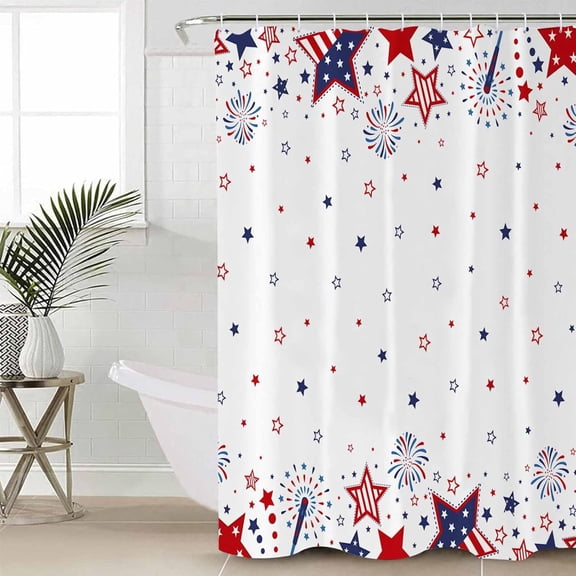 4th of July Waterproof Shower Curtains Set - Standard 72 x 72 Inch, American Star Firework Independence Day Polyester Fabric Bathroom Curtain with 12 Hooks, Bathroom Accessories, 1 Panel