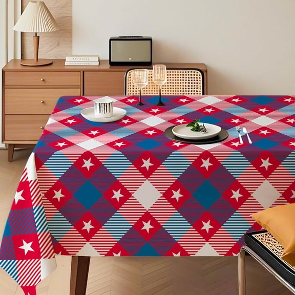 4th of July Waterproof Tablecloth - Red, White & Blue Star Plaid Table Cover, Stain-Resistant & Washable, Patriotic Picnic Tablecloth for Independence Day, Memorial Day, W60 x L84 inch