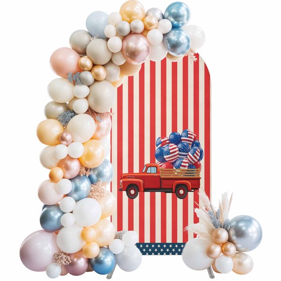 4th of July Wedding Arch Cover 6Ft Patriotic Truck with Balloons USA Flag Wedding Arch Backdrop Stand Cover Round Top Chiara Backdrop Covers for Birthday Party Bridal Shower Banquet Decor