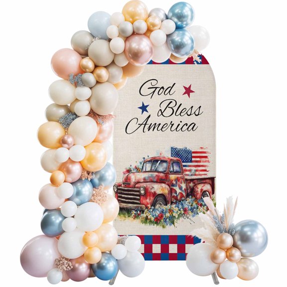 4th of July Wedding Arch Cover 6Ft Red Truck Pulling Flag Patriotic Wedding Arch Backdrop Stand Cover Round Top Chiara Backdrop Covers for Birthday Party Bridal Shower Banquet Decor