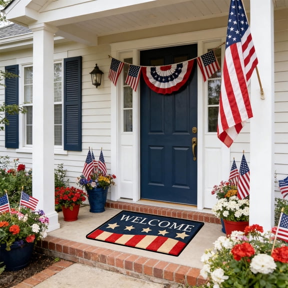 4th of July Welcome Doormat 23.62in, Thick Polyester With Non-Slip Rubber Backing, Machine Washable Patriotic Floor Mat For Front Porch Indoor & Covered Outdoor Holiday Decoration