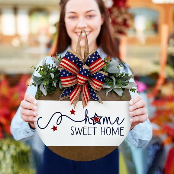 4th of July Welcome Sign; Independence Day Wooden Plaque; Red White and Blue Memorial Day Round Sign; American Flag Wall Hanging; Outdoor Front Porch Garden Holiday Sign Weatherproof