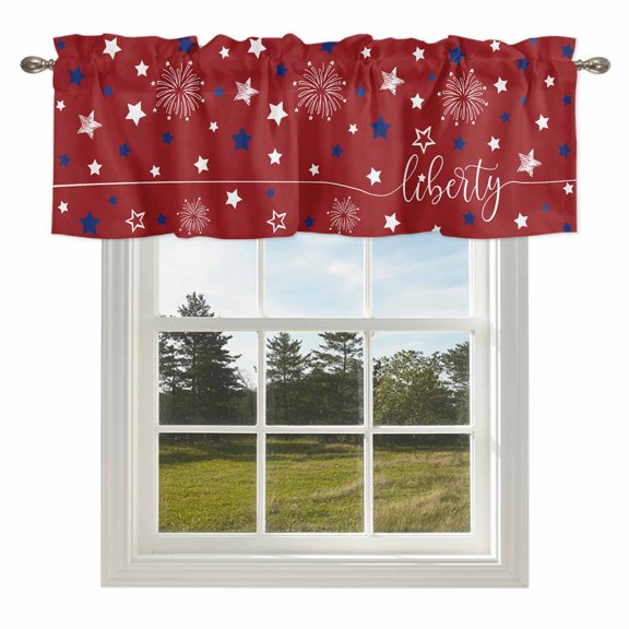 4th of July White Blue Star on Red Valances for Windows Patriotic Liberty Concept Rod Pocket Curtain Valance Window Treatment Short Curtains for Kitchen Living Room,42x12in