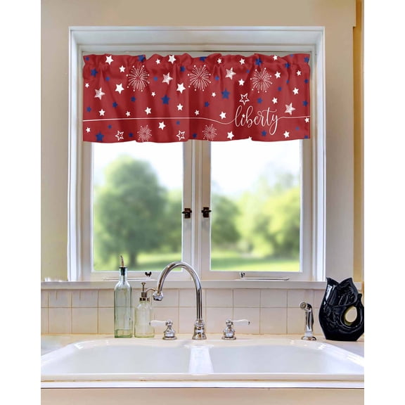 4th of July White Blue Star on Red Window Valances for Kitchen,Rod Pocket Valance Privacy Small Curtain,Patriotic Liberty Concept Window Treatment Drapes for Bedroom Laundry Room Farmhouse Home Decor