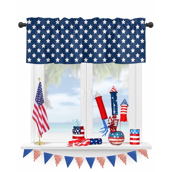 4th of July White Star on Navy Blue Curtain Valances for Kitchen Windows,Rod Pocket Short Valance Independence Freedom Liberty Window Treatment for Living Room Bathroom Bedroom,60" x 18"-1 Panel