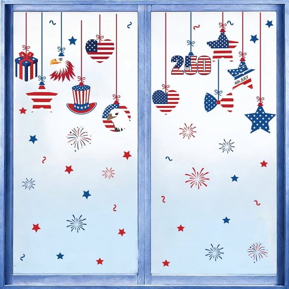 4th of July Window Clings Decorations,96 PCS Reusable Static 250th Anniversary Patriotic American Flag Stickers for Glass Windows Independence Day,Memorial Day,USA Red White Blue Decor