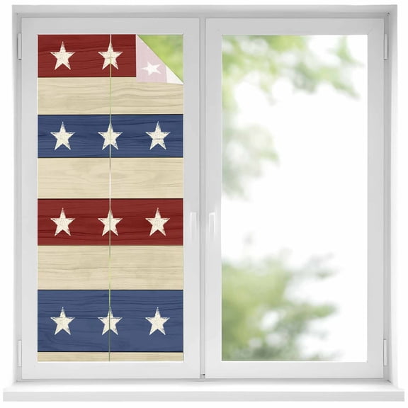 4th of July Window Privacy Film, Blue Red Star Striped Independence Day Static Cling UV Sun Blocking Heat Control Window Tint Day and Night, Non-Adhesive One Way Windows Privacy Cover 19.6''x39.3''