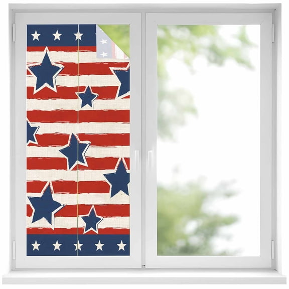4th of July Window Privacy Film, Independence Day Patriotic Red Striped Blue Star Static Cling UV Sun Blocking Heat Control Window Tint, Non-Adhesive One Way Windows Privacy Cover 17.7''x39.3''