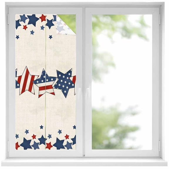 4th of July Window Privacy Film, Patriotic Blue Red Star Independence Day Static Cling UV Sun Blocking Heat Control Window Tint Day and Night, Non-Adhesive One Way Windows Privacy Cover 19.6''x39.3''