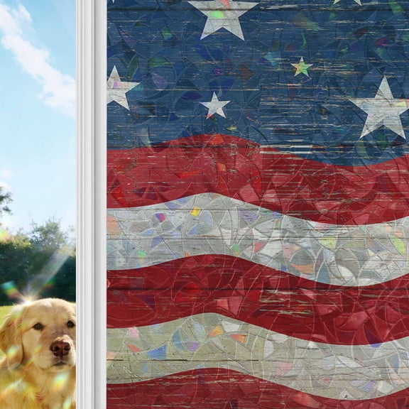 4th of July Window Privacy Film Stain Glass,Reusable Decorative Rainbow Window Film,American Flag Star on Wood Independence Day Static Cling Sun Blocking Stickers Decals Covers 29.5" x 78.7" (2pcs)