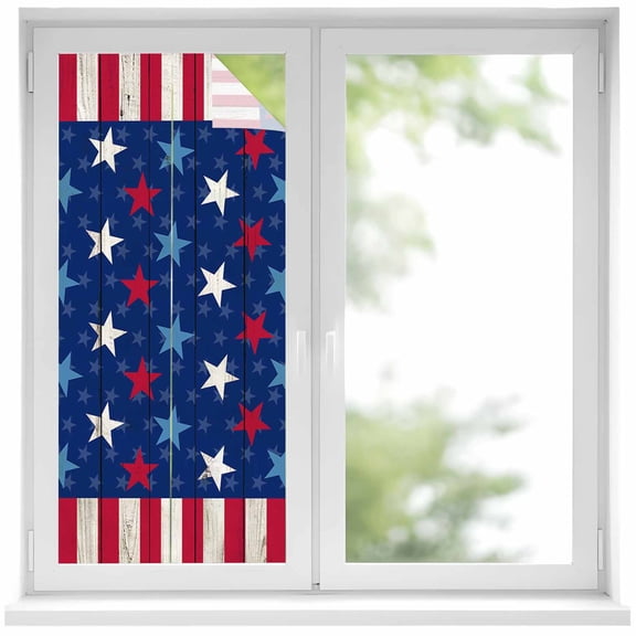 4th of July Window Privacy Film, Star Red Stripes Wood Independence Day Static Cling UV Sun Blocking Heat Control Window Tint Day and Night, Non-Adhesive One Way Windows Privacy Cover 17.7''x39.3''