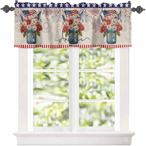 4th of July Window Valances Curtain,Flower American Flag Rod Pocket Kitchen Valance,Daisy Fireworks Stars Window Curtain Treatment,Vintage Linen Short Topper Curtains for Bathroom 54x18in