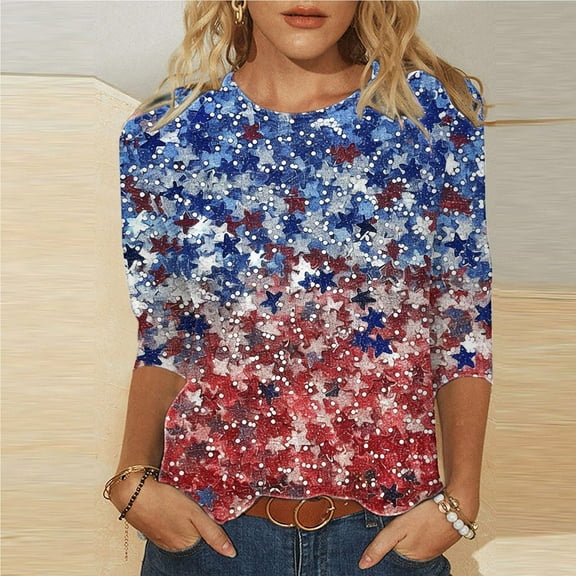 4th of July Women Shirt Patriotic Womens Blouse Womens Fourth of July T Shirt American Flag Top Womens American Flag Tees for Women Printed Round Neck Three Quarter Sleeve 3/4 Sleeve T-Shirt