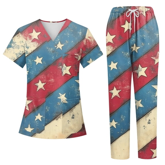 4th of July Women's 250th Anniversary USA Medical Scrub Set, V-Neck Short Sleeve Top & Straight Leg Pants, 2-Piece Work Uniform with Multi Pockets for Nurses & Healthcare Staff 03-Red M