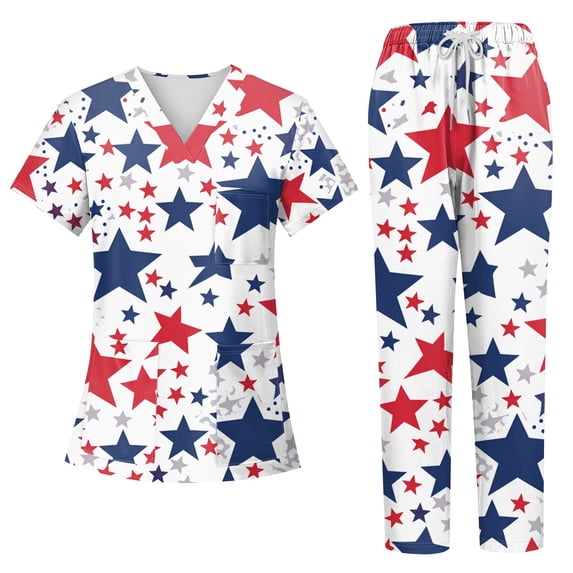4th of July Women's 250th Anniversary USA Medical Scrub Set, V-Neck Short Sleeve Top & Straight Leg Pants, 2-Piece Work Uniform with Multi Pockets for Nurses & Healthcare Staff 02-Dark Blue L