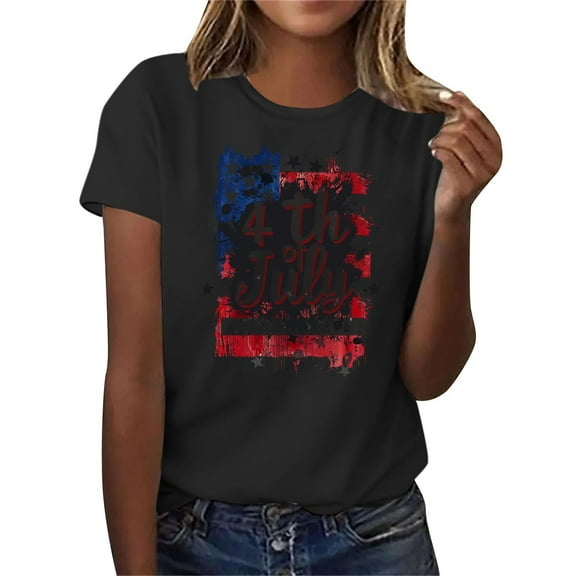 4th of July Women's Blouses on Sale Womens American Flag Graphic Tees Casual Crew Neck Short Sleeve T-Shirts 4th of July Tops Printed Patriotic Shirts Summer Tops New Black XXL
