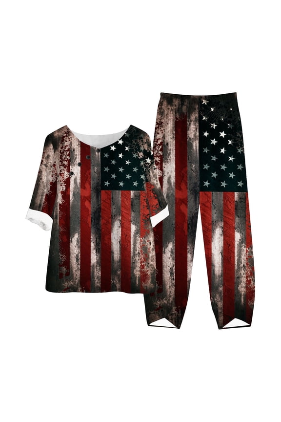 4th of July Women's Retro Independence Day 2 Piece Lounge Set Women Women's Summer Printed Half Sleeve Round Neck Cropped Top + Casual Pants Suit Set Two Piece Lounge Set