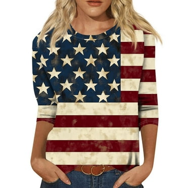 4th of July Womens 3/4 Sleeve Tunic Crew Neckt Shirt Round Neck Summer Patriotic Graphic Tops Elbow Independence Day American Flag Basic Tees Plus Size Casual Mid-Length Cute Boho Blouses
