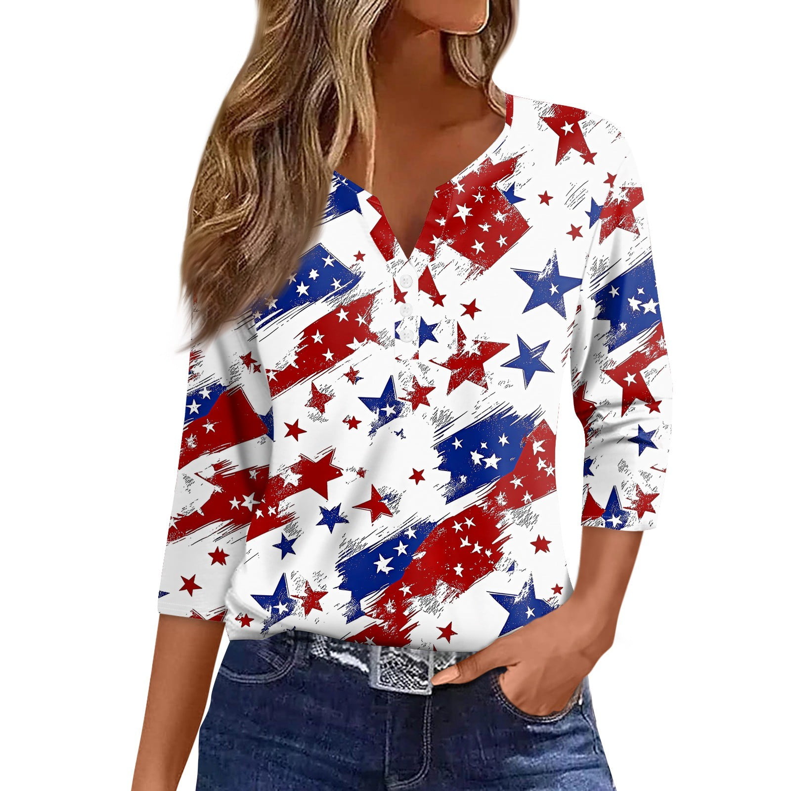 4th of July Womens Plus Size Tops 3/4 Sleeve Summer Stars and Striped ...