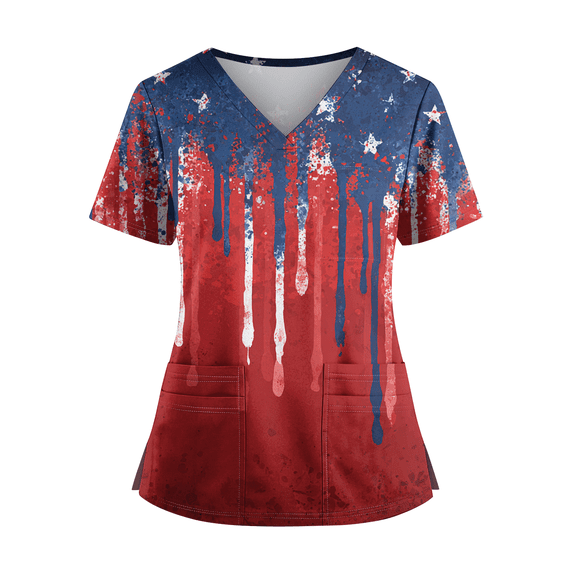 4th of July Womens Scrub Tops Casual Short Sleeve American Flag Print Scrubs V Neck Independence Day Patriotic Scrub Shirts Nursing Uniform Medical Nurse Workwear with Pockets Deep Red 5XL