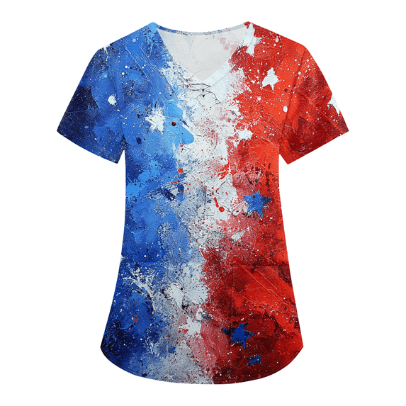 4th of July Womens Scrub Tops Casual V Neck USA Flag Print Scrubs Short Sleeve Independence Day Celebration Party Scrub Shirts Nursing Uniform Medical Nurse Workwear with Pockets, M