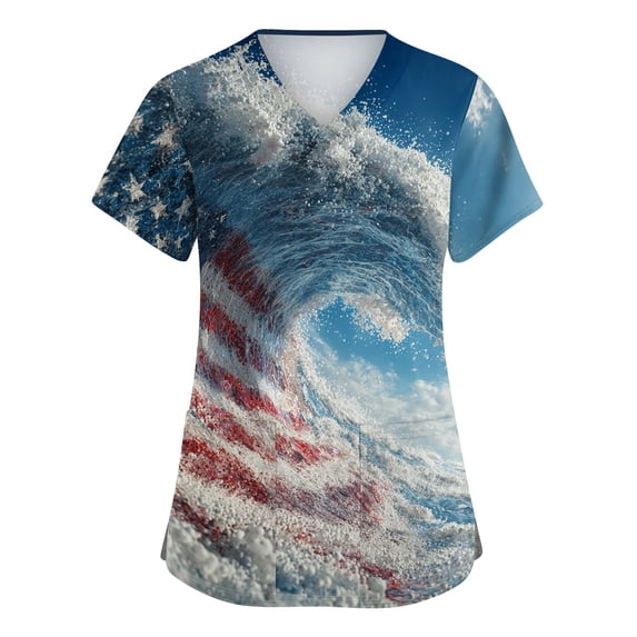 4th of July Womens Scrub Tops Loose V Neck Red White and Blue Print Scrub Shirts Short Sleeve Independence Day Patriotic Scrubs Nursing Workwear Medical Nurse Uniform with Pockets Dark Blue 5XL