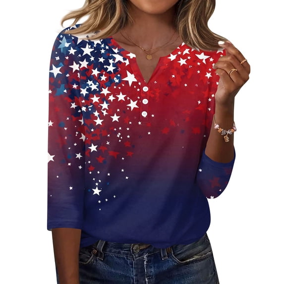 4th of July Womens Shirts 3/4 Sleeve T-Shirts Loose Red White and Blue Print Pullover USA 250th Anniversary Celebration Party Tops Independence Day Patriotic V Neck 1776-2026 Blouses Dark Blue S