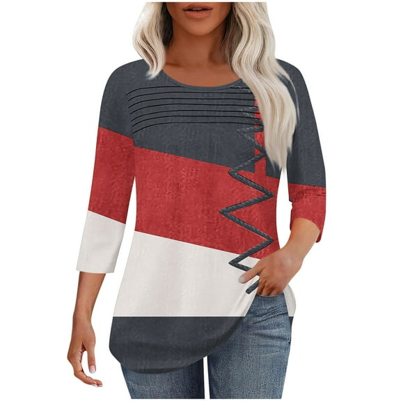 4th of July Womens Shirts,Women Blouses Crew Neck Solid Color,Gradient,Check,Print,Stripes 3/4 Sleeve Fashion Wrinkled Loose-Fitting Oversized T Shirt Cropped Sleeve Blouses for Women Dressy Casual