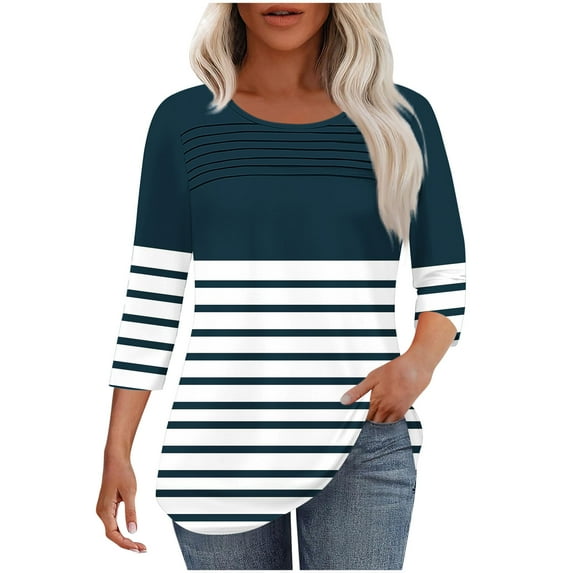 4th of July Womens Shirts,Women Blouses Crew Neck Solid Color,Gradient,Check,Print,Stripes 3/4 Sleeve Fashion Wrinkled Loose-Fitting Oversized T Shirt Cropped Sleeve Blouses for Women Dressy Casual